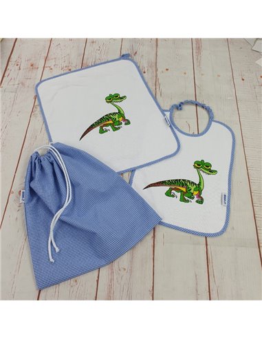 set asilo bavaglia asciugamano e sacchetto dinosauro bimbo