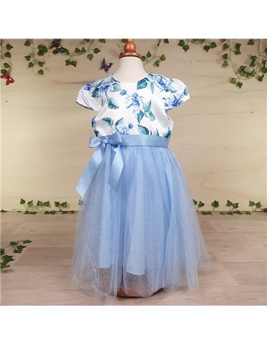 vestito elegante cerimonia fiori e tulle con sottogonna azzurro ragazza