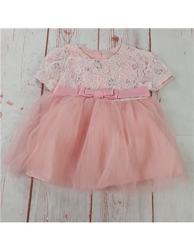 vestito elegante cerimonia pizzo e tulle con sottogonna rosa neonata